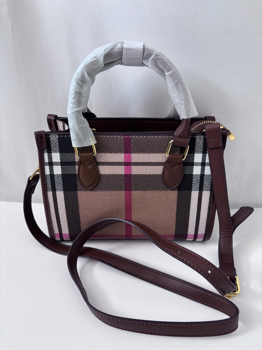 Classic Check Canvas Mini Tote Bag - Pink Stripe Brown Leather Crossbody